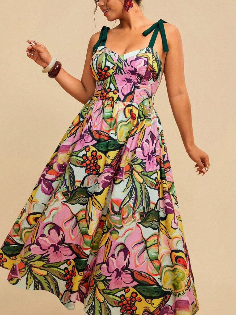 Multicolor Boho Women's Plus Size Floral Printed Spaghetti Strap Midi Dress